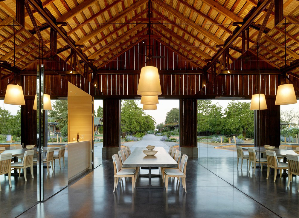 The restaurant hall with a wooden roof