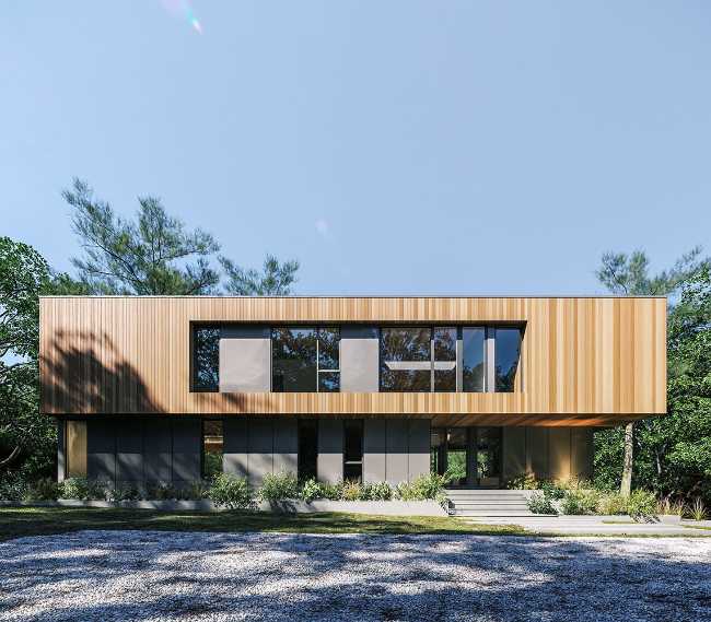 Housing on the shores of a lake. Horizontal structure in a picturesque natural landscape