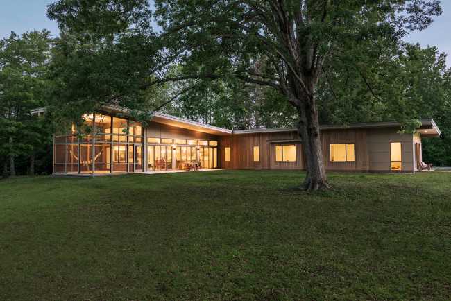 L-shaped wooden building