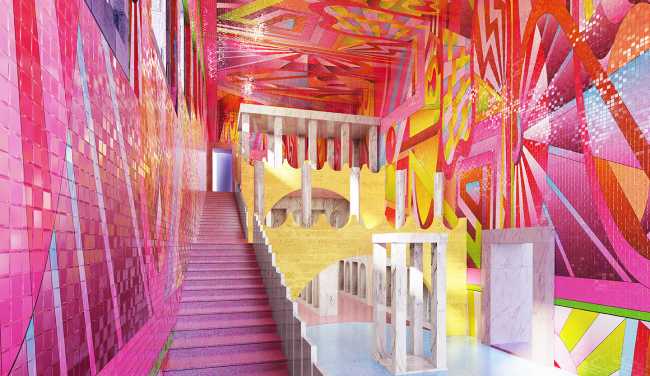 entrance staircase covered with colored materials