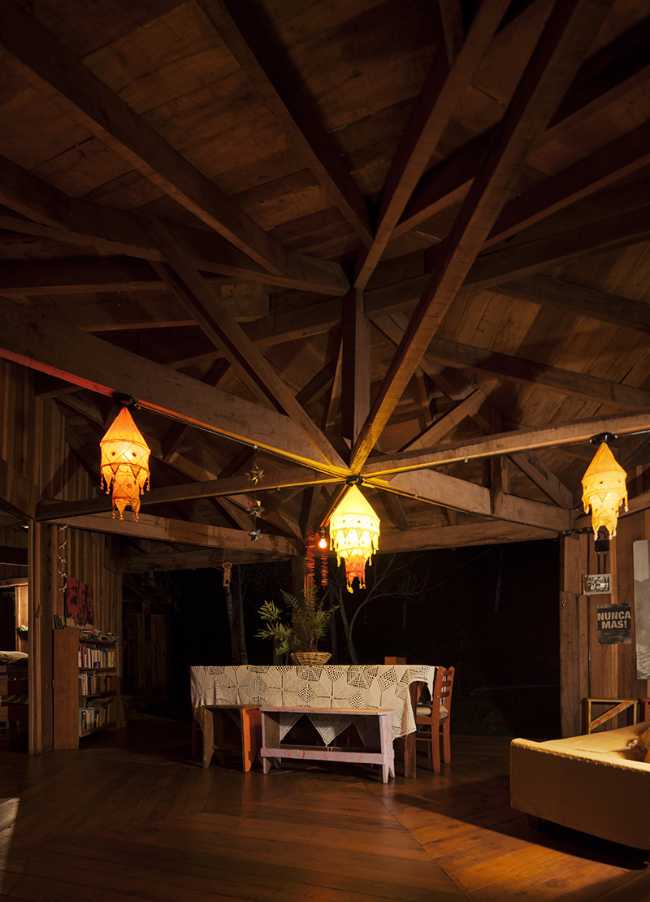 Wooden hostel with lighting