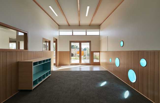 School interior with circles on the outside walls
