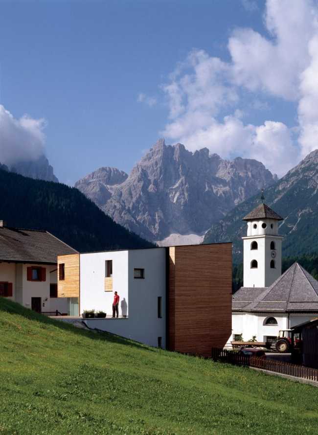 Modern housing and mountains