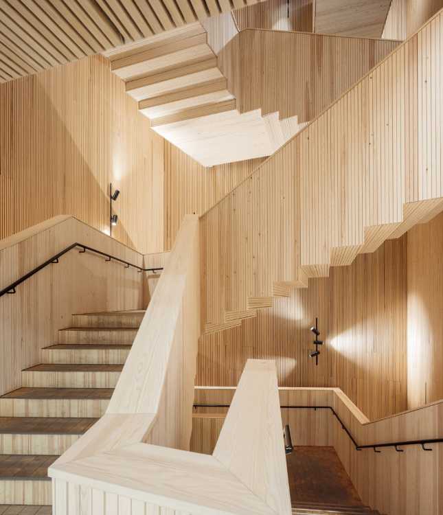 Game of volumes for the wooden staircase body of the university