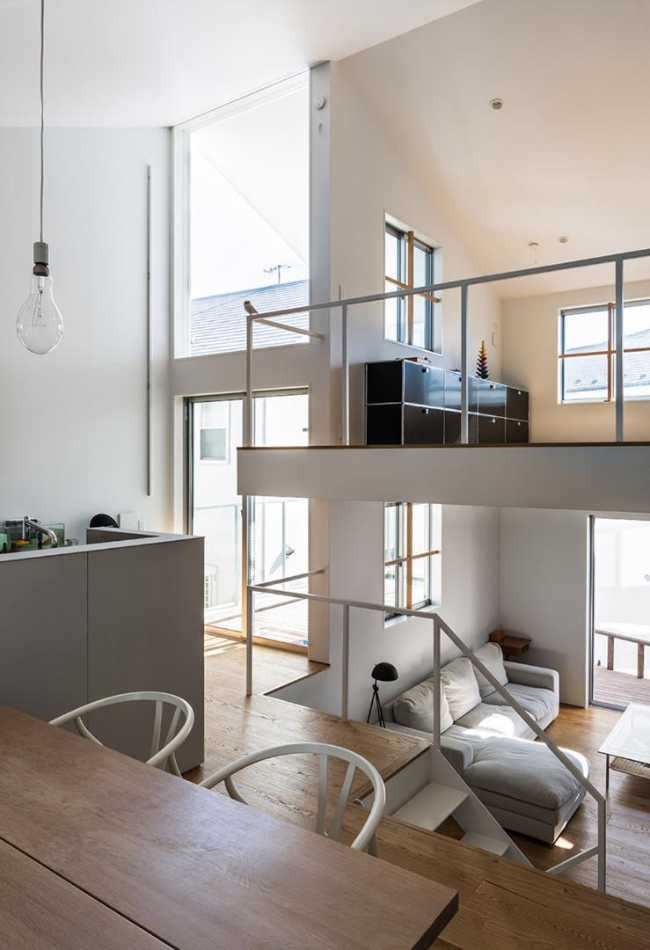 Interior wooden house with several lofts