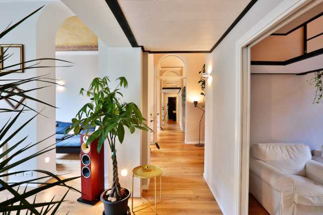 Apartment interior with parquet and plants