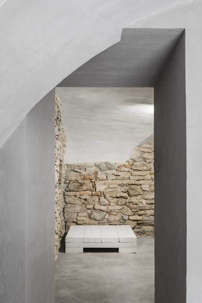 Interior medieval stone apartment with vaults