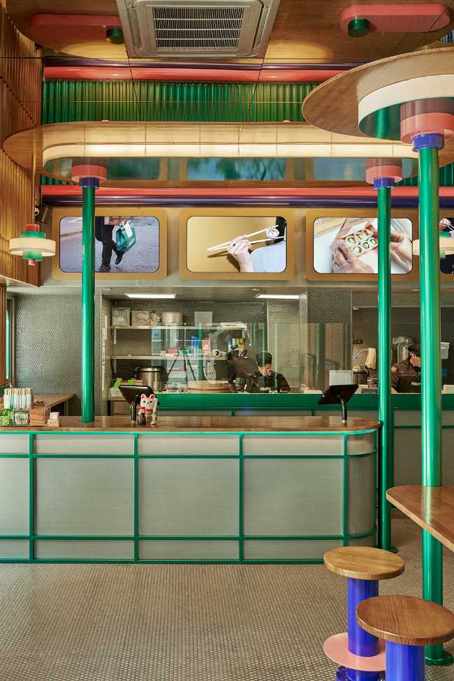 coloured metal and wood counter