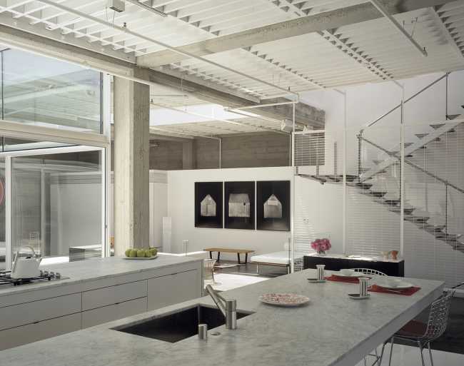 living area kitchen white glass walls