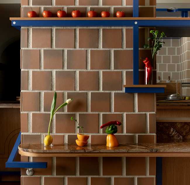 tapas bar blue color finish and brick shelf