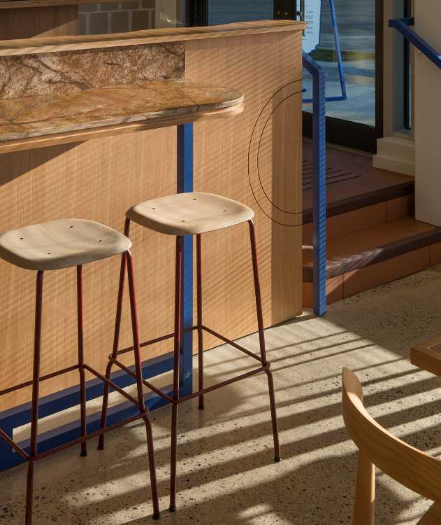 tapas bar blue color finish and brick stool