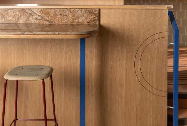 tapas bar blue finish and wood shelf and stools