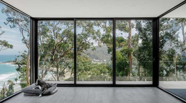 Glass window on ocean and trees