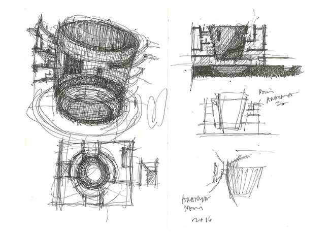 art center structure concrete blocks amphitheater sketch
