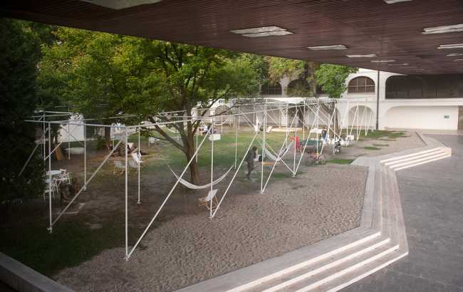 Temporary Summer Pavillon in Bratislava with hammocks