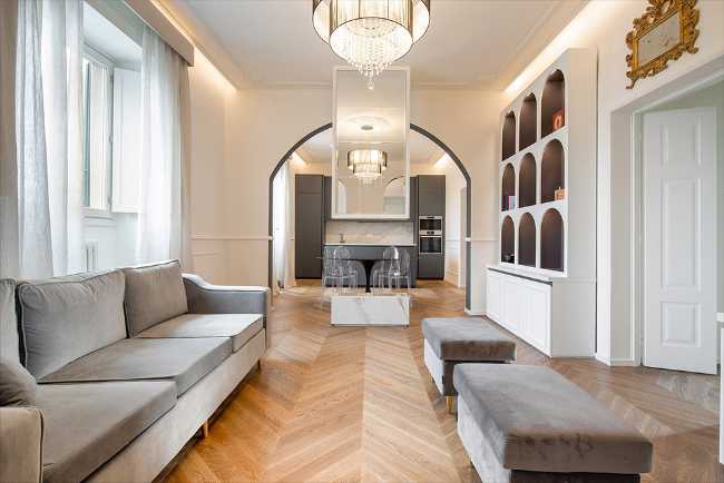 Interior apartment white walls and wooden parquet